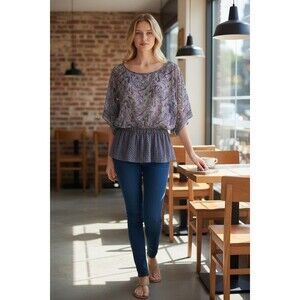 Miley Cyrus Max Azria Sheer Pullover Top Gray Black Purple Floral Nature XL